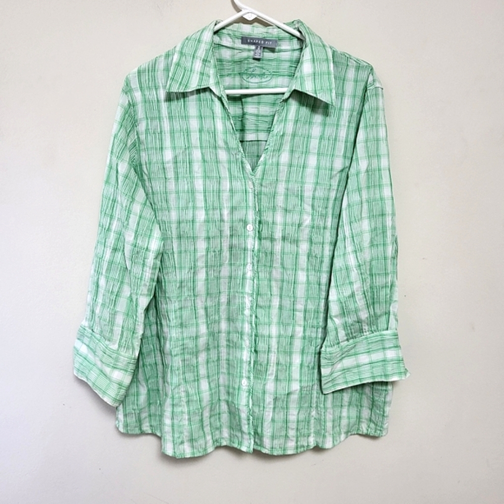 Foxcroft 16W 3/4 sleeve button up shaped fit Green Plaid Crinkle Office Mature